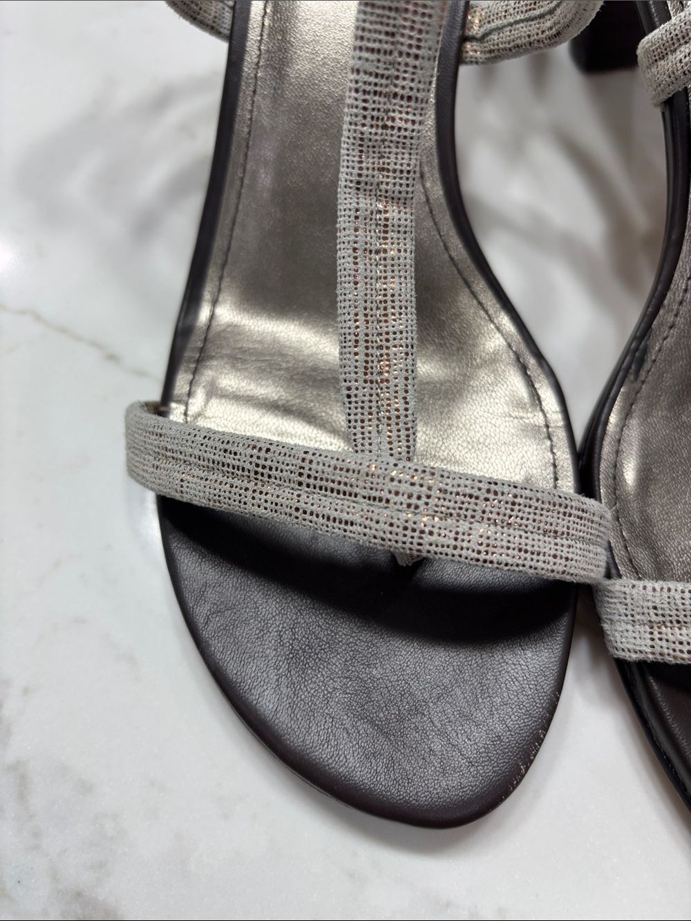 Donald J. Pliner Silver Textured Strappy Mid-Heel Sandals - Picture 5 of 13